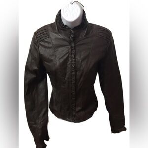 Danier Brown Leather Jacket with Stand-Up Collar and Fitted Silhouette